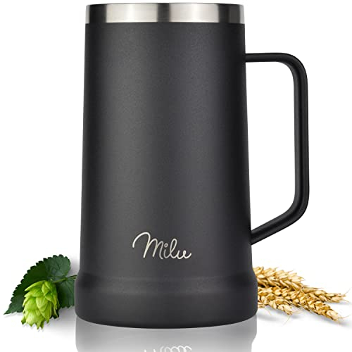Milu Bierkrug Edelstahl isoliert | Bierglas mit Deckel | Thermobecher mit Henkel | Bier Geschenk für Männer, Papa | hält 7 Stunden kalt (700ml, Schwarz)