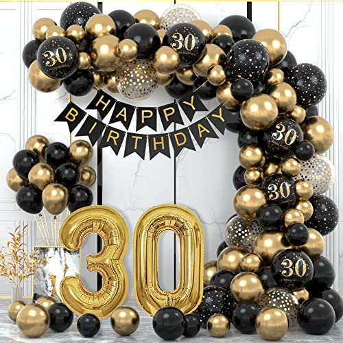 30 Años Decoracion Cumpleaños, Globos 30 Cumpleaños Hombres, Decoraciones Fiesta Oro Negro 30er Globos cumpleaños con Pancarta Feliz para Hombres y Mujeres Dfiesta de cumpleaño 30 Años Decoracione