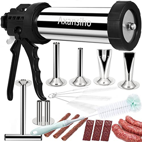 MTOGALT Edelstahl 1.0 kg große Kapazität Jerky Gun Kits, 12 Stück Professionelle Jerky Maker Fleischpistole Rind mit 5 Düsen 5 Bürsten & 1 Fleischschieber