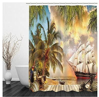 Whoiy Duschvorhänge 180X180, Duschvorhang Eckbadewanne Polyester Bath Curtains Kokospalmen Segelboot Grün für Outdoor Hotel