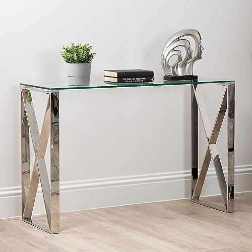 120cm Console Table for Living Room Furniture, Slim Hallway Table with Modern Stainless Steel Frame and Tempered Glass Top, Narrow Entryway Table