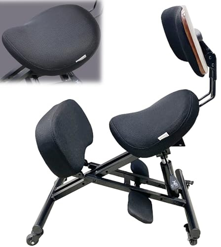 TUJOBA Sattelhocker Knienstuhl Ergonomisch mit Netzkissenpad, Verstellbare Höhe Mobile Abgewinkelte Haltungssitz Schwarz, Rückenlehne Rollender Schwenkstuhl für Tattoo