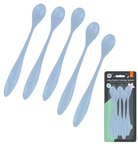 5Pcs Long Handle Blue Weaning Spoons | Plastic Self Feeding Training Spoons | Round Edges BPA Free Desert Spoons for Kids 6+ Months