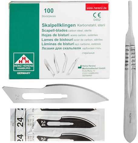 Set - 100 Stück sterile Skalpellklingen Figur 24 aus Karbonstahl - Ersatzklingen + 1 x Shehadeh - Skalpell-Halter - Edelstahl