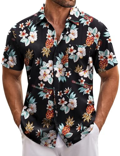 COOFANDY Hawaii Hemd Männer Sommer Button Down Hemden Herren Kurzarm Casual Strandhemd Blumenmuster Freizeithemden Mit Taschen Schwarz M