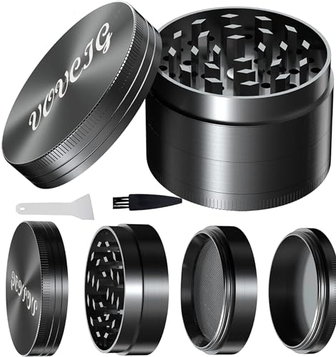 VOVCIG 2.5 Inches Premium Herb Grinder-4 Piece Large Zinc Alloy Spice Grinder with Pollen Catcher,Comes with Pollen Scraper and Cleaning Brush,Black（63mm）