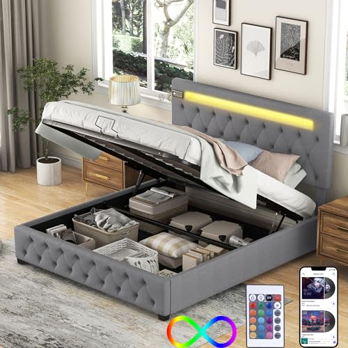 Bett 140x200 mit LED und USB und Bluetooth-Player, Polsterbett 140x200 mit Stauraum und Verstellbares Kopfteil, Doppelbett mit Lattenrost, Jugendbett Familienbett mit Modernes Bettgestell Grau