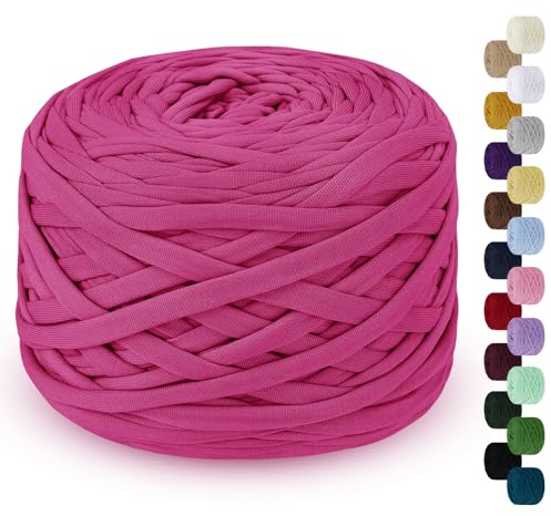 LEREATI Fil pour Crochet 285g 100m Tshirt Yarn Fil Polyester pour Sac au Crochet, Coton à Tricoter pour Sac, Panier, Bricolage, Tapis, Couverture (Rouge Rosé)