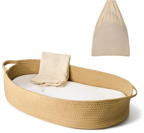 ECOADE Baby Changing Basket - Moses Basket Changing Table Topper and Thick Foam Pad with Removable Cotton Mattress Cover, 100% Cotton Boho Nursery Decor with Storage Bag
