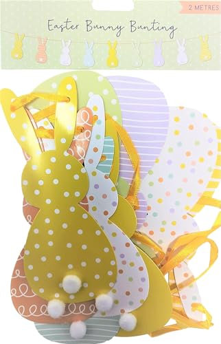 Lot de 2 fanions de lapin de Pâques (4 mètres au total) | Guirlande pré-filetée double face avec 18 drapeaux de lapin et queues à pompons | Décoration de Pâques pour la maison, les fêtes, l'école