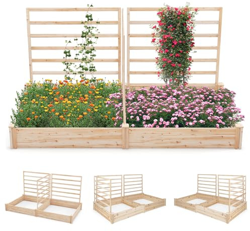 GOPLUS Jardinière Surélevée avec Treillis, Bac à Fleurs Extérieur en Bois avec Compartiments Divisés pour Fleurs, Légumes, Vignes Grimpantes, Assemblage DIY, Potager Surélevé pour Jardin, Patio