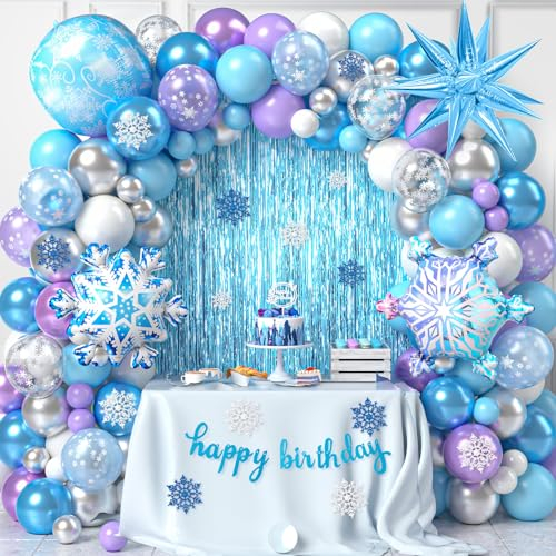 Frozen Geburtstagsdeko Mädchen Eiskönigin Party Deko mit Lametta Vorhang Blau Schneeflocken Folienballon Luftballon Ballon Girlande Lila Silber Banner Frozen Geburtstagsparty Deko Birthday