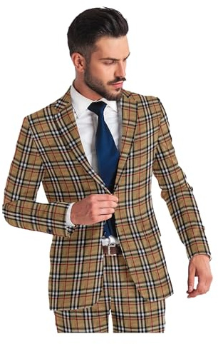 Elina fashion Blazer à carreaux pour homme - 2 boutons - Manches longues - Coupe régulière - Coupe quotidienne - Veste de costume d'affaires décontractée, beige foncé, XX-Large