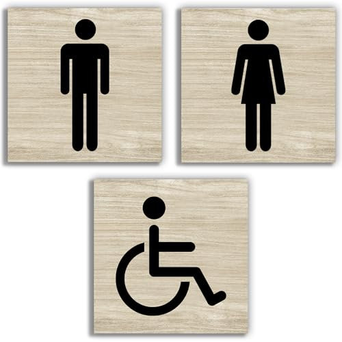 Stileitaliano Targhetta bagno Donne Uomini Disabili adesiva Targa Porta Toilette WC adesivo donna uomo targhette metallo targhe 3 pezzi (Effetto rovere)