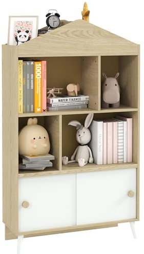 AIYAPLAY Librería Infantil con 4 Cubos Abiertos y Estantes Superiores, Estantería de Juguetes con Armario Inferior de Madera, para Habitación Infantil, Sala de Estar y Jardín de Infancia, 80x30x140,5