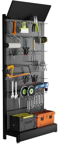 Lhysn Metal Pegboard Organizer, with 30 Hooks, 85x36x13 in, Can Bear 330lb Weight, Portable Garage Storage Box Rack, Phone Accessories Metal, for DIY, Mobile Phone Shop (Black)