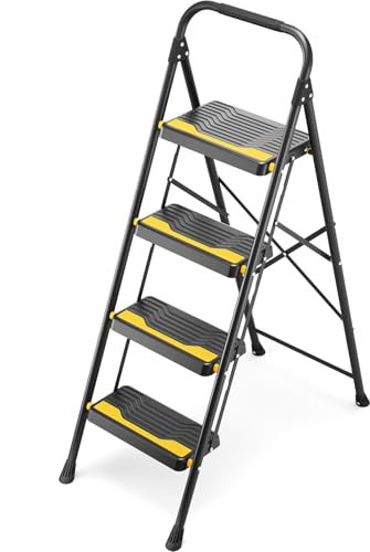 Urackify Scaletta 4 Gradini Pieghevole, Resistente Capacità 150 kg, Ampia Pedata Antiscivolo & Maniglia Sicura Design Compatto, Sgabello Pieghevole Portatile per Casa, Cucina, Ufficio, Dispensa, Nero