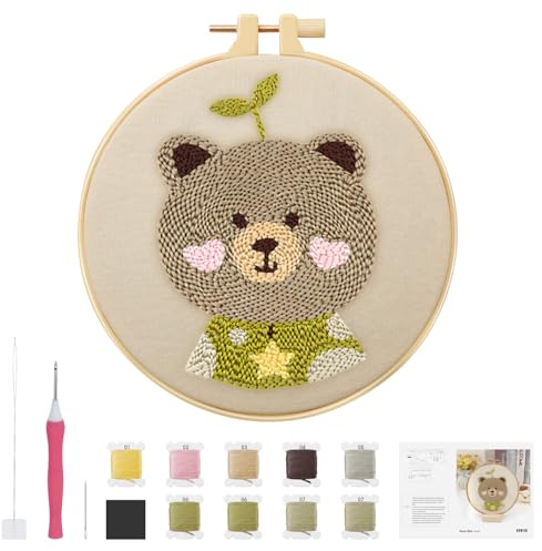 GlasFlength Kit Ricamo Set da Ricamo per Principianti, DIY Orsetto Punch Needle Kit con Istruzioni Telaio da Ricamo Fili e Attrezzi da Ricamo Embroidery per Adulti Bambini Principianti
