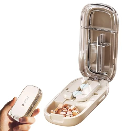 Tablettenteiler, Tragbar Pill Cutter, Tablettenteiler für Kleine Tabletten, 1/2 Unterteilt, 1/4 unterteilt Multifunktionaler Medizinschneider, Tablettenschneider mit Aufbewahrungsfach (Weiß)