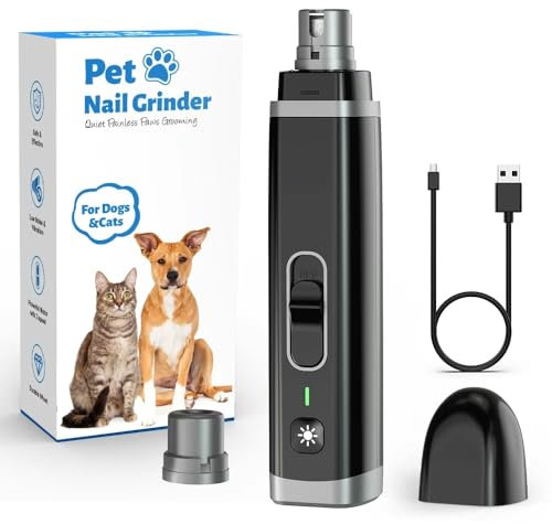 Pet Nail File Grinder for Dogs & Cats – Quiet Electric Nail Trimmer with LED Light, 2-Speed Modes, 3 Grinding Ports & USB Type-C Charging – Gentle, Low Noise, Battery Operated Nail File Kit