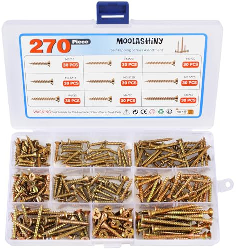270 Pcs M3 M3.5 M4 Wood Screws, Zinc Countersunk Assorted Self Tapping Screws for Funitrure Repair, DIY, Household