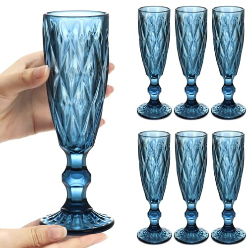 Kytree Champagnerflöten aus Glas, 142 ml, Vintage-Schaumweinkelch, europäisch, elegant, geprägt, für Cava-Prosecco, Rautenblau, 6 Stück