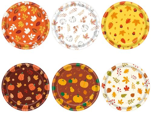 DHAIQC Lot de 48 Assiettes Jetables Automne 18 cm, Citrouille Assiette Carton Jetable Vaisselle Anniversaire pour Gâteaux Desserts Anniversaires Mariages Articles De Fête D'automne (Automne)