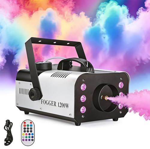 1200W Fog Machine Indoor Outdoor with LED Lights, 14 Colors & 4 Auto Modes, Smoke Machine Fog 6000CFM with Wireless Remote Control, Perfect for Wedding, Party, Stage, Halloween (Silver)