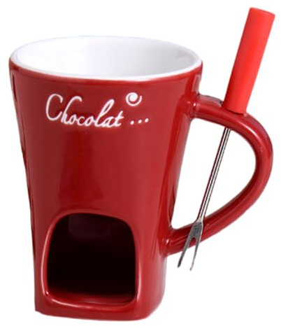 Chocolate Fondue Mug with Forks - Chocolate Melting Cup Ceramic Butter Warmer & Melting Cup Set, Tealight Fondue Pot for Cheese/Chocolate/Snacks Light Candle Fondue Melter Set for Home(Red) (A)