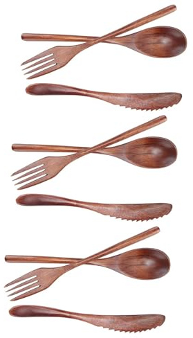 3 Piezas de Utensilios de Madera para Comer Cuchara de Madera, Tenedor, Cuchillo, Juego de Cubiertos, Juego de Cubiertos de Madera Reutilizables para Comer, Cubiertos, Vajilla,