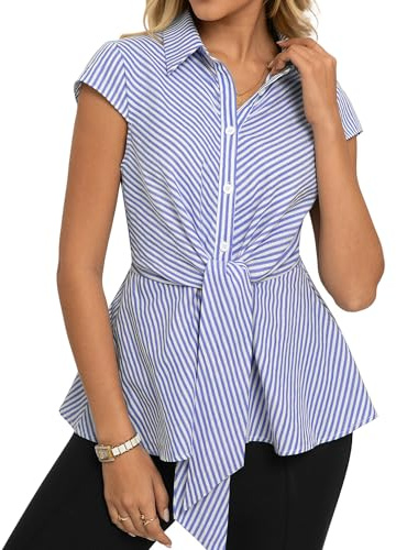 GRACE KARIN Striped Button Down Shirts Women,Short Sleeve Peplum Tops Business Casual,Tie Front Work Cotton Blouses Summer, Navy Blue, Large