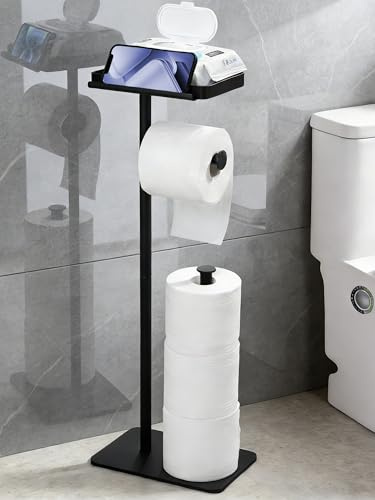 ZUNTO Freistehender Toilettenpapierhalter mit Ablage, Schwarz, 62cm Höhe, Standmodell mit Ersatzrollenhalter