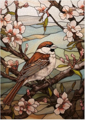 Stained Glass House Sparrow Jigsaw Puzzle 500 Piece Fun Brain Puzzle Lovers Challenging and Relaxing Gifts Idea