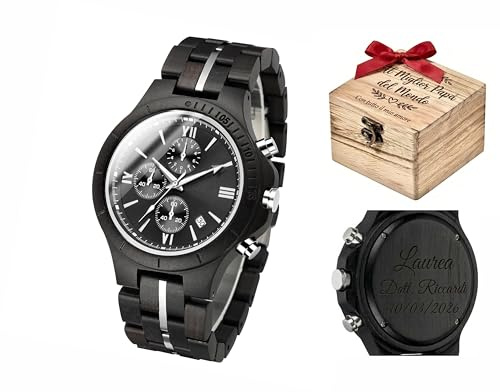 Orologio cronografo da polso uomo in legno e acciaio legerissimo cassa rotonda da 45 mm con scatola personalizzabile