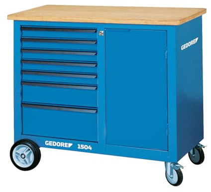 GEDORE Établi roulant, Établi avec 7 tiroirs, Étau et plan de travail en bois, Établi mobile sur roues, Tôle d’acier, Vide, 1504 0511 S