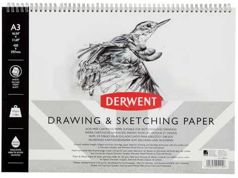 Derwent Skissblock i Liggande A3-format, Perfekt för att Teckna och Rita, 30 Ark, Syrafritt Papper, Ringbunden Rygg, Konstnärskvalitet, 2300141