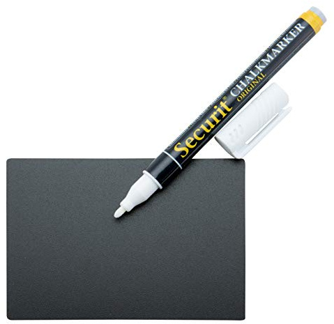 SECURIT - 20er-Set Kreidetafel-TAGs + 4 Steckvorrichtungen + 2 transparente Halter + 1 Kreidemarker - Format DIN A7 - Für Cafés, Bars, Restaurants, Geschäfte-- 10,5x7,4x0,1cm - Schwarz | Inklusive Halter, Steckvorrichtungen, Marker - Für Cafés, Bars, Restaurants, Geschäfte