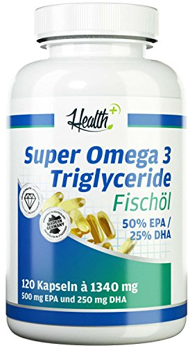 Health+ Super Omega 3 Triglyceride Fischöl - 120 Kapseln mit wertvollen Omega-3-Fettsäuren, mit EPA und DHA, Made in Germany
