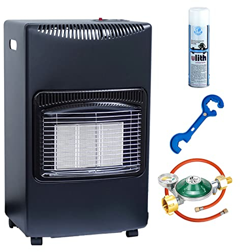 Gas-Ofen Heizofen Infrarot Heizstrahler 4,2 kW Camping-Heizung für Propangas-Kleinflaschen inkl. Schlauch, Gasregler, Lecksuchspray mit Gas-Füllstandsanzeige und Gasregler- und Schlauchlöser