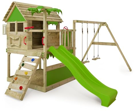 FATMOOSE Wooden climbing frame TikaTaka with swing set and apple green slide, Playhouse on stilts for kids with sandpit, climbing ladder & play-accessories