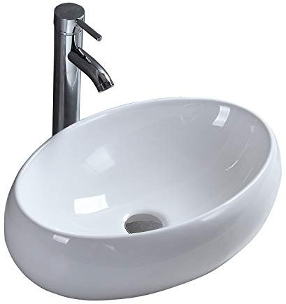 Lavabo de Cerámica Lavabo de Recipiente Ovalado de Blanco Lavabo Sobre Encimera Para Guardarropa Baño Cocina
