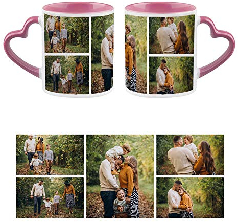 Personalised with Five Photos/Multi Photo Printed Collage Mug, Novelty, Pink Colour Heart Handle Ceramic Mug, Memorable Gift Ideas for Family, Friends, Birthday, Any Special Occasion. (5 Photos)