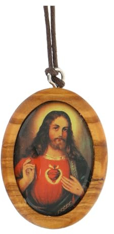 Holyart Ciondoli e Tau in legno d'ulivo: Medaglia ovale Sacro Cuore di Gesù legno olivo