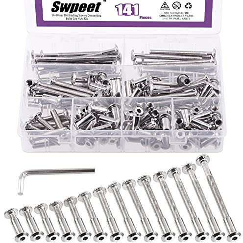 Swpeet 141Pcs 14 Different Sizes M6x16mm-80mm Nickel Plated Sliver Hex Drive Socket Cap Bolts Barrel Nuts Kit with 1Pcs Allen Wrench, Screw Post Fit for Furniture Countsunk Belt Leather Binding Bolts