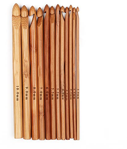 Aeelike bambuvirkningskrokar set – 12-pack lätta, varma, inline-ergonomiska trävirkade krokar (3 mm – 10 mm) för artritiska händer och nybörjare