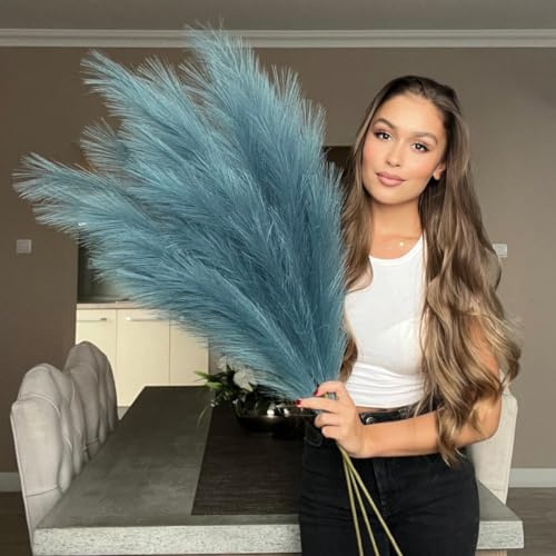VOULUX Césped artificial de pampa artificial de imitación azul extra grande, grande, esponjoso, 18 tallos de 115 cm, flores de plantas azules largas, hierba de pampa