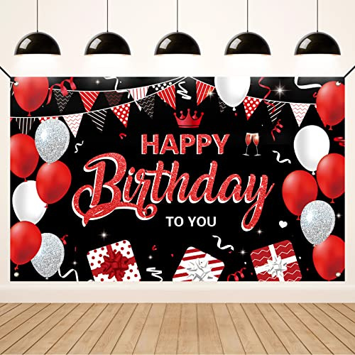 Koliphy Decoracion Cumpleaños, Negro Rojo Pancarta Feliz Cumpleaños, Tela Pancarta Photocall Cumpleaños para Hombres y Mujeres, Interiores y Exteriores, 70,8 x 43,3 Pulgada