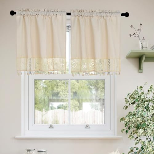 Molaxhome Leinen Scheibengardinen mit Quaste Kurzstores Boho Valances | Valance für Fenster,Küche Fenster Behandlungen Tier,Vorhang für Schlafzimmer, Dekore Bauernhaus Valance, 2 St.74x61 Curtain