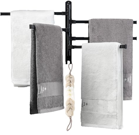Handtuchhalter Ohne Bohren mit 5 Armig, Handtuchhalter Schwarz Bad Wand, Badezimmer Handtuchhalter Edelstahl Gebürstet 180°Drehung, Selbstklebend Badetuchhalter Wandmontage, Towel Holder