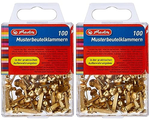 Herlitz 8770307 Musterbeutelklammer, Metall, Rundkopf, 100 Stück in Hängebox, messing (Packung mit 2)